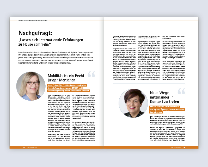 Layout einer Journal-Innenseite mit Interviews zum Thema Erfahrungen in der Coronakrise