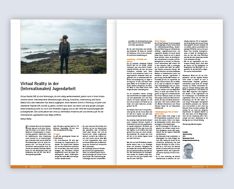Innenseitenlayout eines Artikels zur Virtual Reality in der Internationalen Jugendarbeit