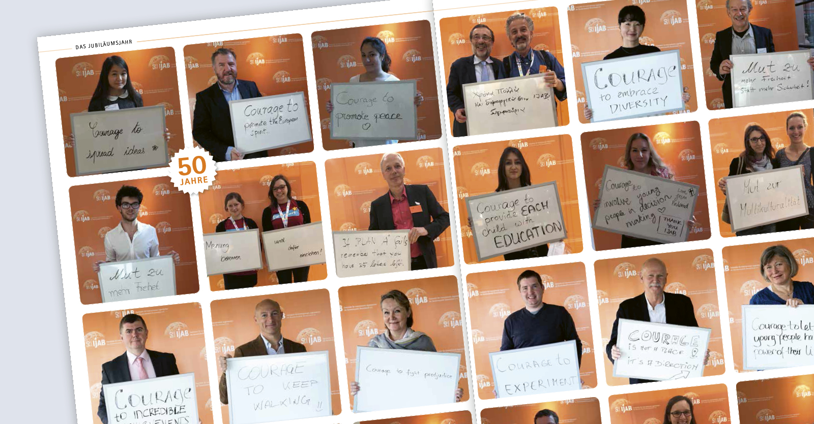 Design einer Doppelseite aus dem Jubiläumsheft 50 Jahre IJAB mit Fotos von Gratulanten mit handschriftlichen Statements