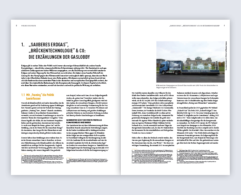 Doppelseite mit Kampagnenfoto „LNG-Truck vor Bundestag“