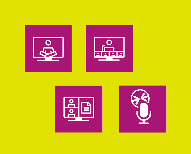 Icons zu Online-Yoga, Webkonferenz, gemeinsames Screensharing und Politbattle