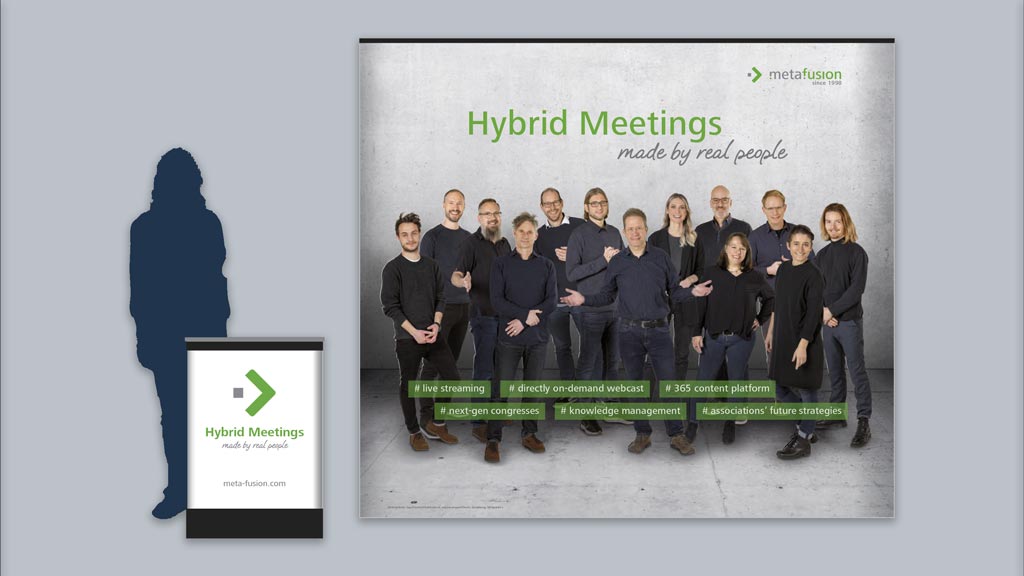 Entwurf für Theke und Messewand mit Abbildung einladend wirkender Mitarbeiter